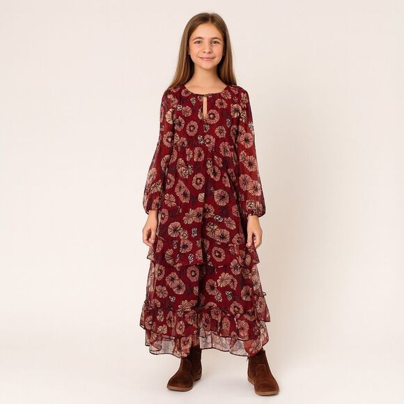 Rare Editions Big Girls Printed Lurex Chiffon Smocked Maxi Dress - Burgundy - Picture 5 of 16